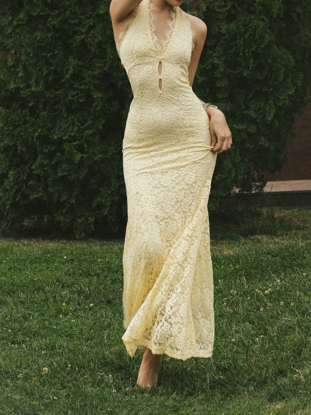 Pale Yellow Halter Lace Cutout Maxi Dress