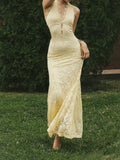 Pale Yellow Halter Lace Cutout Maxi Dress
