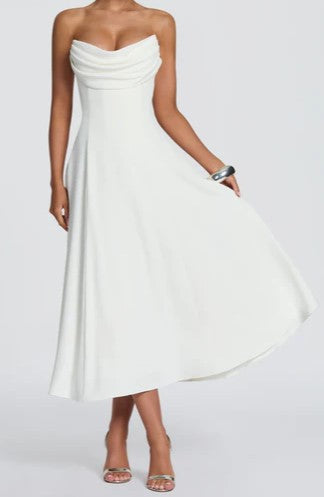 White Strapless Cowl Neck A-Line Midi Dress