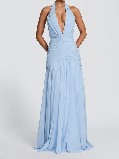 Light Blue Halter Ruched Wrap Maxi Dress