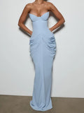 Light Blue Strapless Corset Ruched Maxi Dress