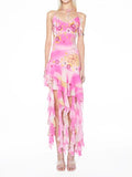 Sheer Floral Embellished Tiered Ruffle Slip Dress