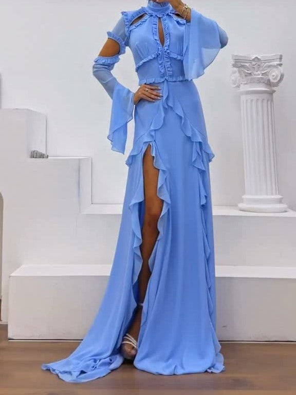 Cold Shoulder Ruffled High Slit Chiffon Gown