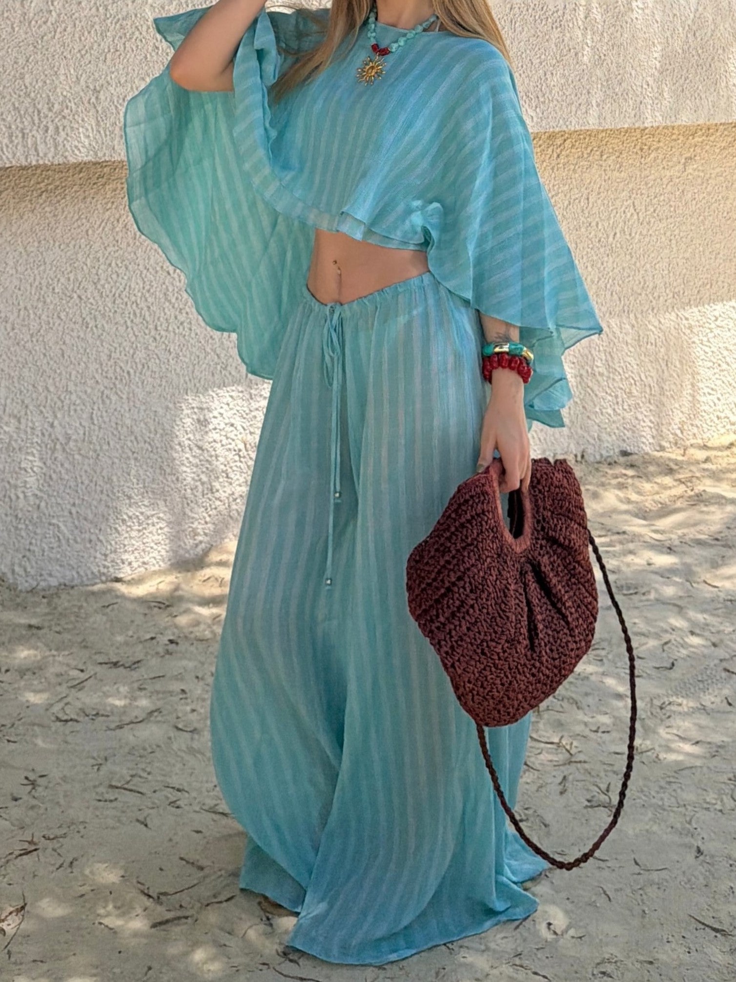 Flowy Batwing Top And Drawstring Wide-Leg Pants Set
