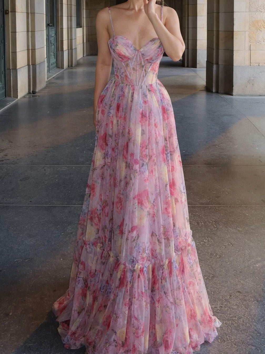 Floral Corset Bodice Spaghetti Strap Tiered Maxi Dress