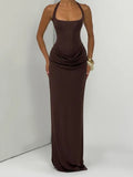 Chocolate Brown Halter Draped Maxi Dress