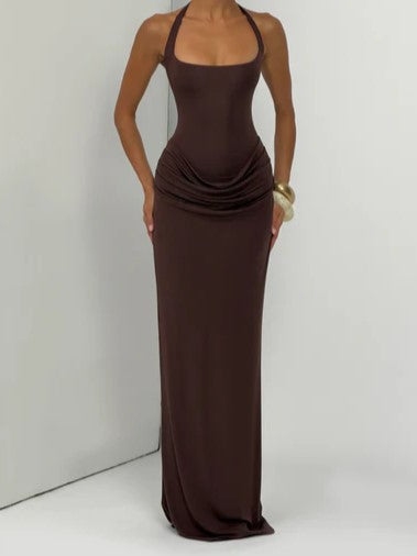 Chocolate Brown Halter Draped Maxi Dress