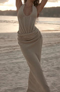 Sand Beige Knit Corset Drop-Waist Maxi Dress