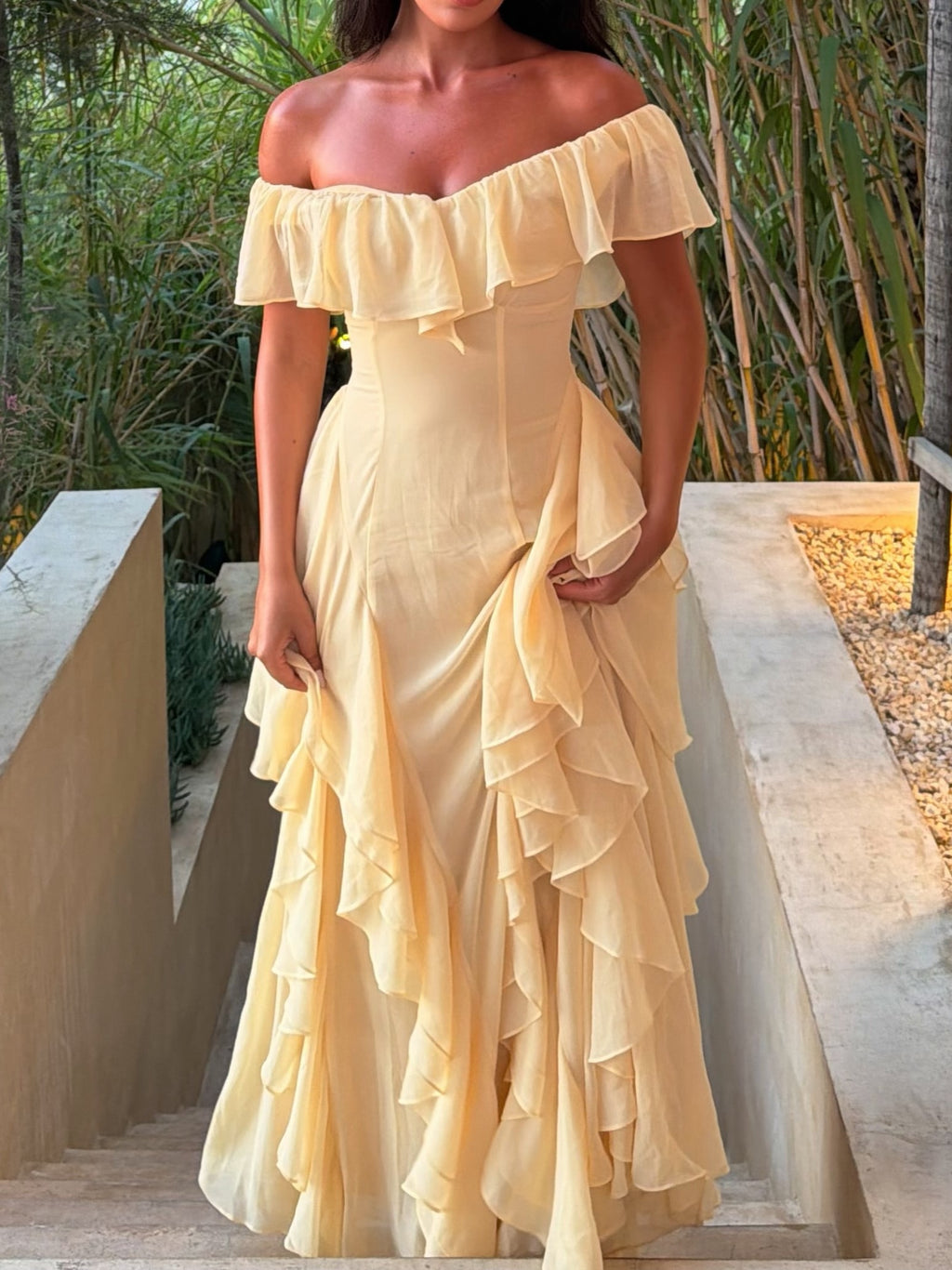 Pale Yellow Off-Shoulder Ruffle Maxi Dress