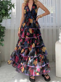 Black Floral Halter Tiered Maxi Dress