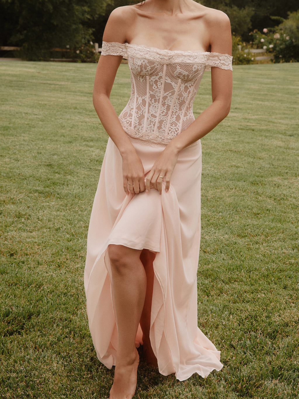 Blush Pink Lace Corset Chiffon Gown