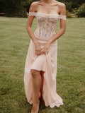 Blush Pink Lace Corset Chiffon Gown