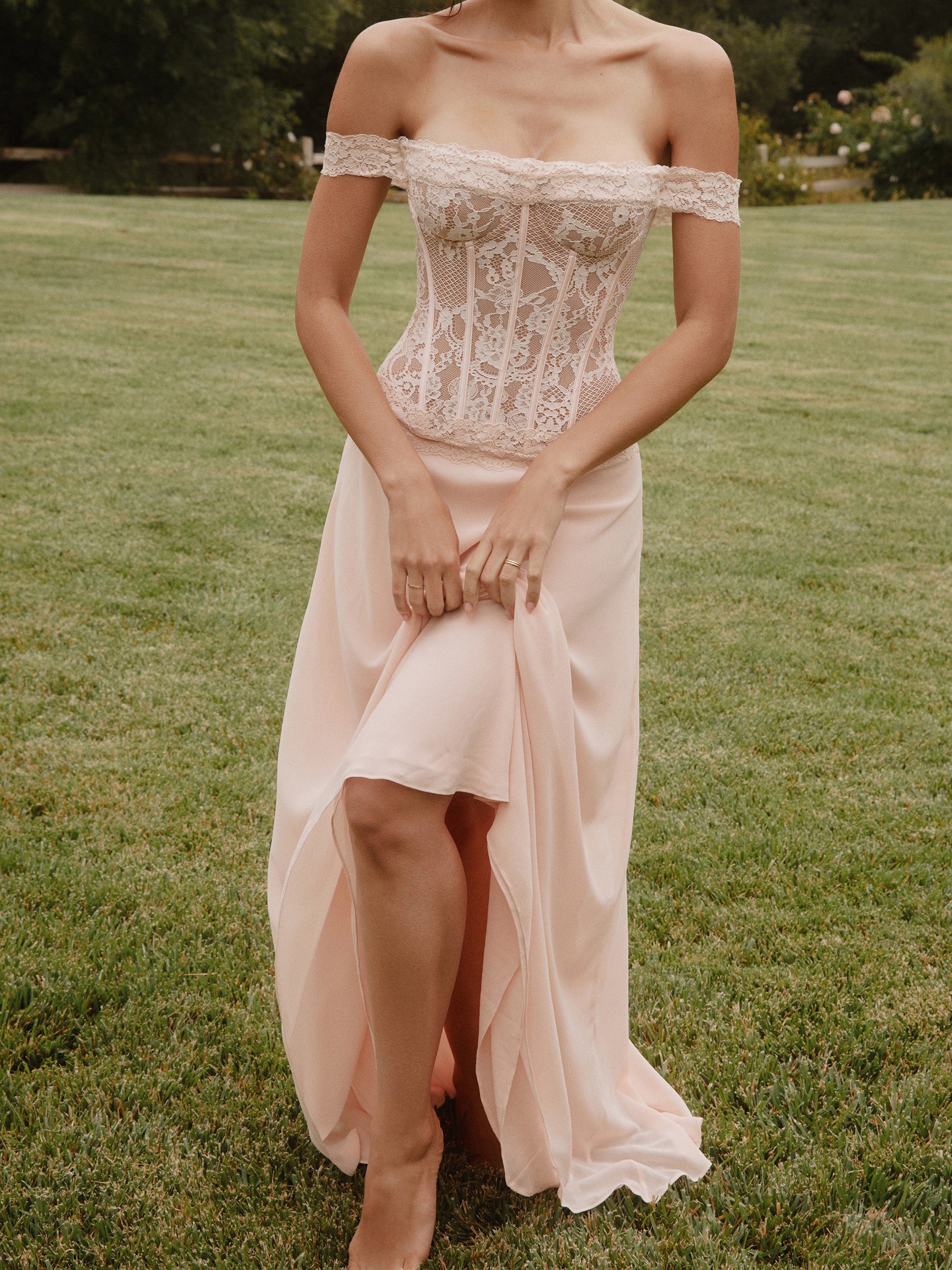 Blush Pink Lace Corset Chiffon Gown