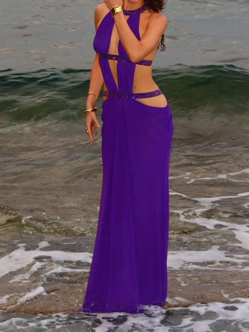 Purple Glitter Cutout Halter Mesh Maxi Dress