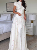 White Pink Floral Stand Collar Crinkle Maxi Dress