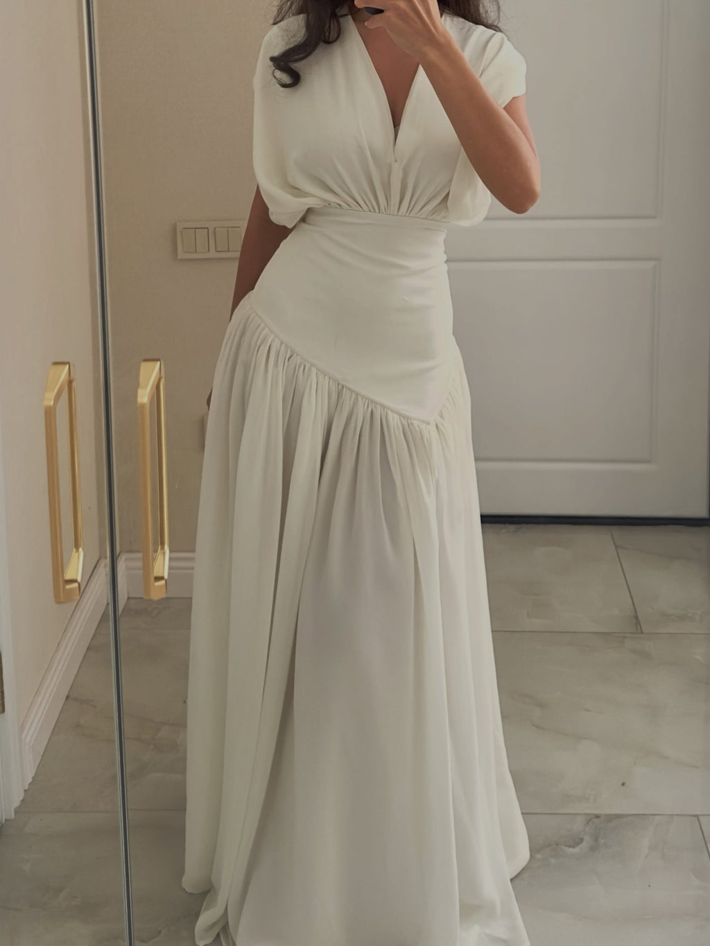 White Draped V-Neck Asymmetrical Ruched Maxi Dress