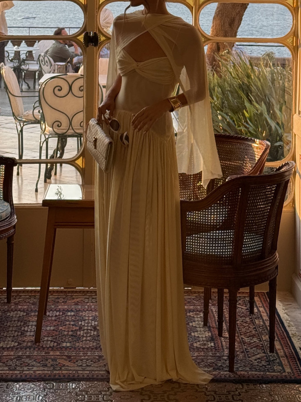 Ivory Gathered Keyhole Cutout Draped Maxi Dress