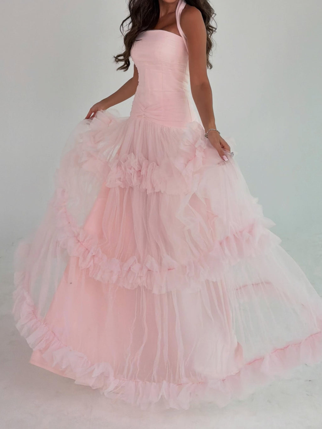 Blush Pink Tiered Tulle Halter Ballgown