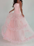 Blush Pink Tiered Tulle Halter Ballgown