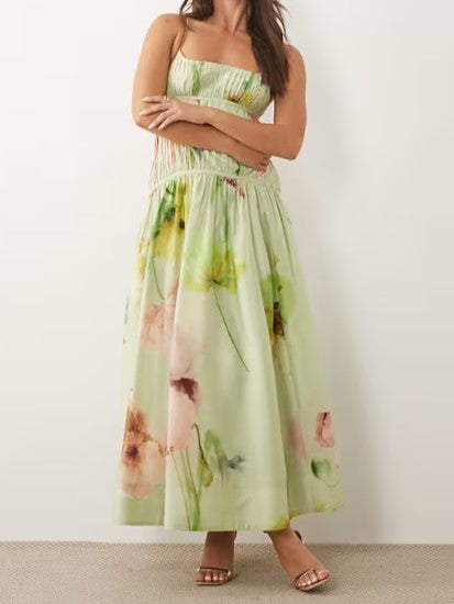 Mint Green Watercolor Floral Smocked Midi Dress