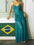Teal Lace Spaghetti Strap Drop-Waist Maxi Dress