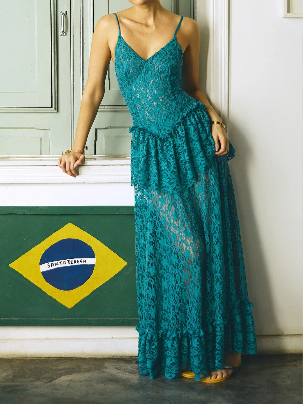 Teal Lace Spaghetti Strap Drop-Waist Maxi Dress