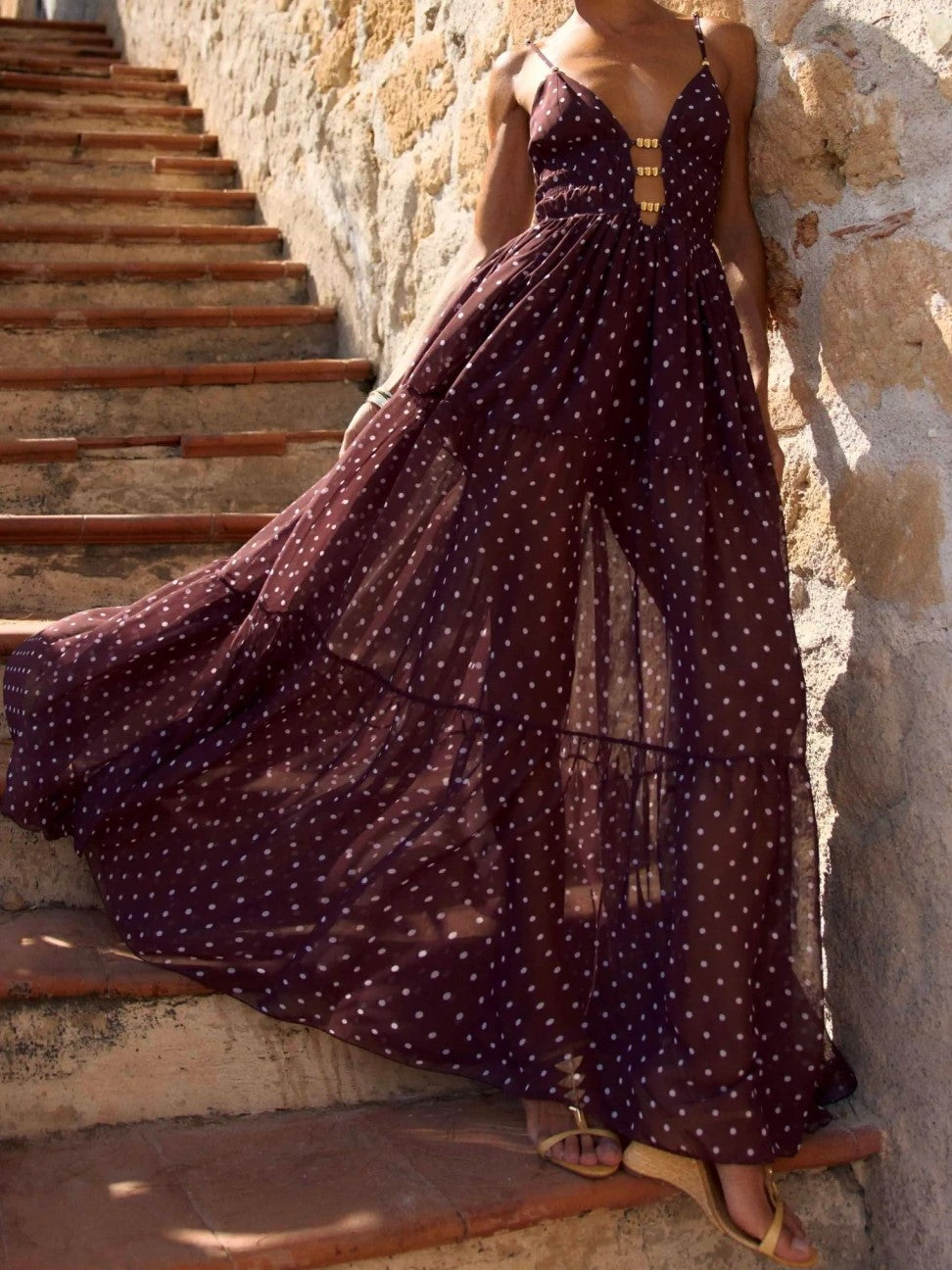 Burgundy Polka Dot Gold Detail Maxi Dress
