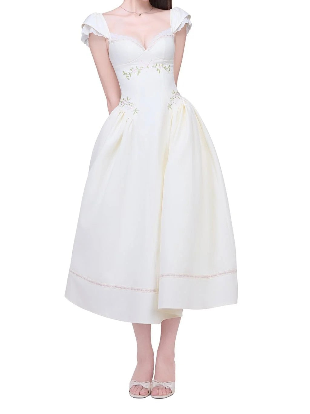 White Embroidered Cap Sleeve A-Line Dress