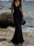 Black Lace Trim Mermaid Maxi Dress