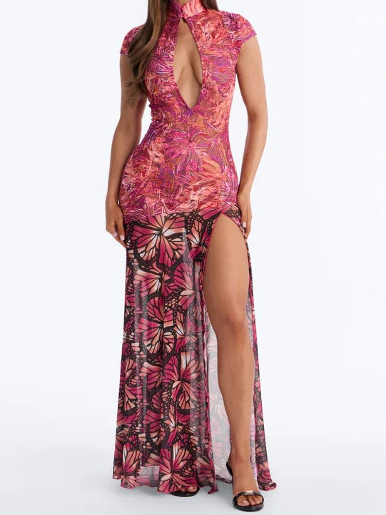 Pink Butterfly Print High-Slit Maxi Dress