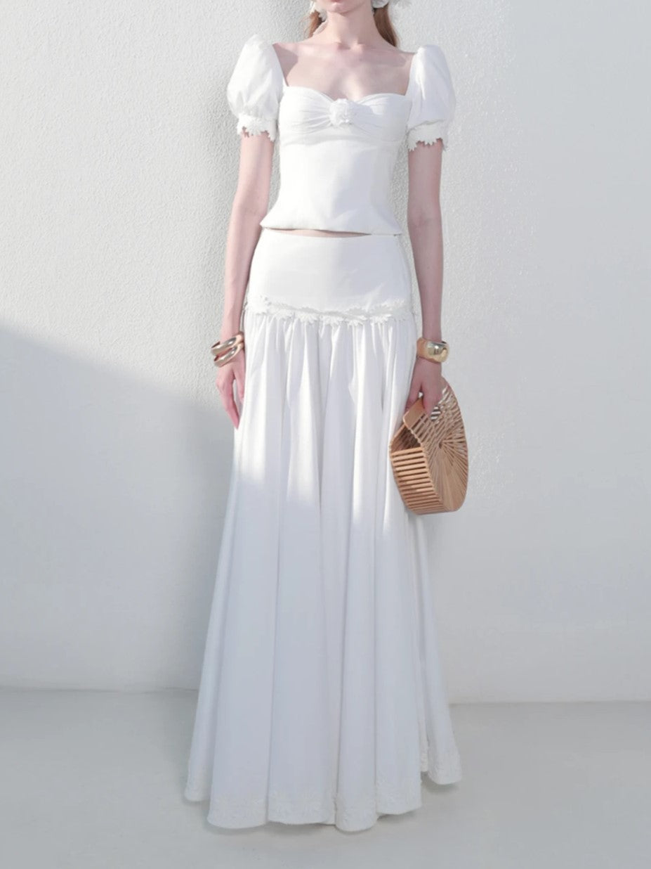 White Puff Sleeve Two-Piece Maxi Skirt Set