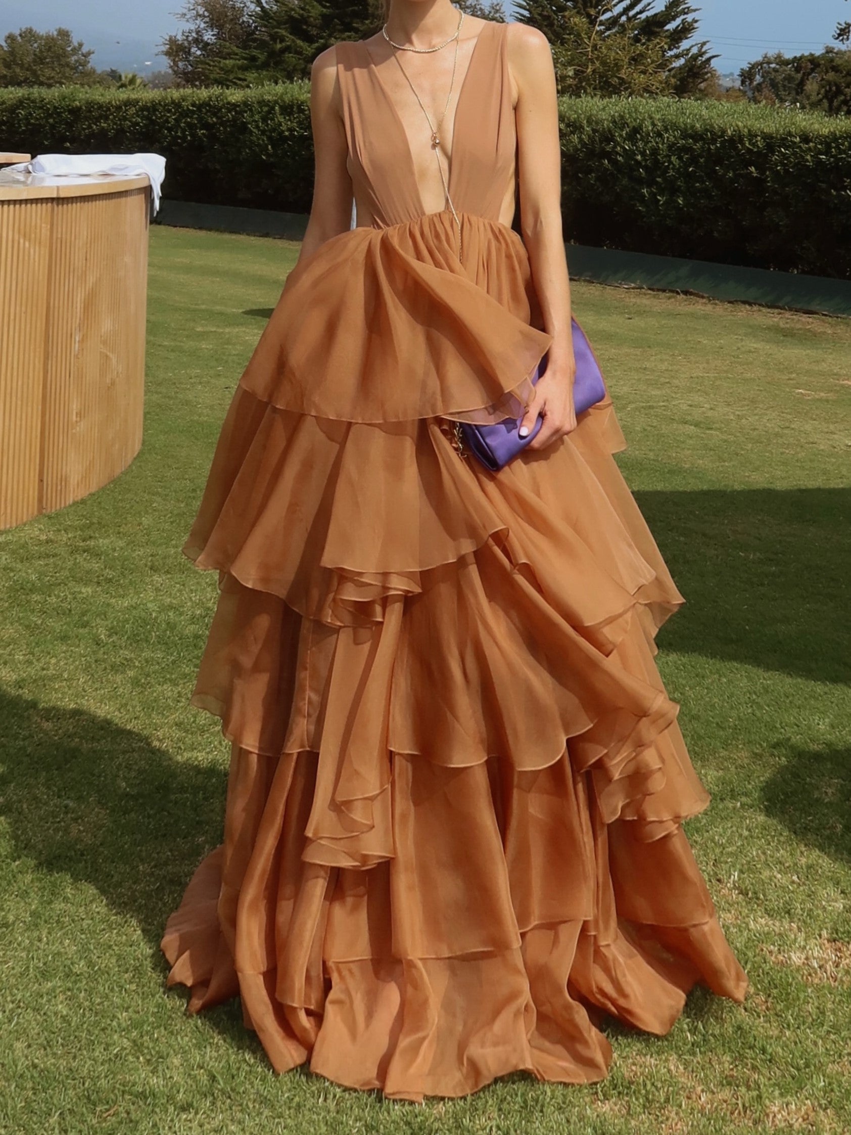 Caramel Tiered Ruffle Deep V-Neck Maxi Dress