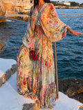 Colorful Floral Wide-Sleeve Two-Piece Maxi Set