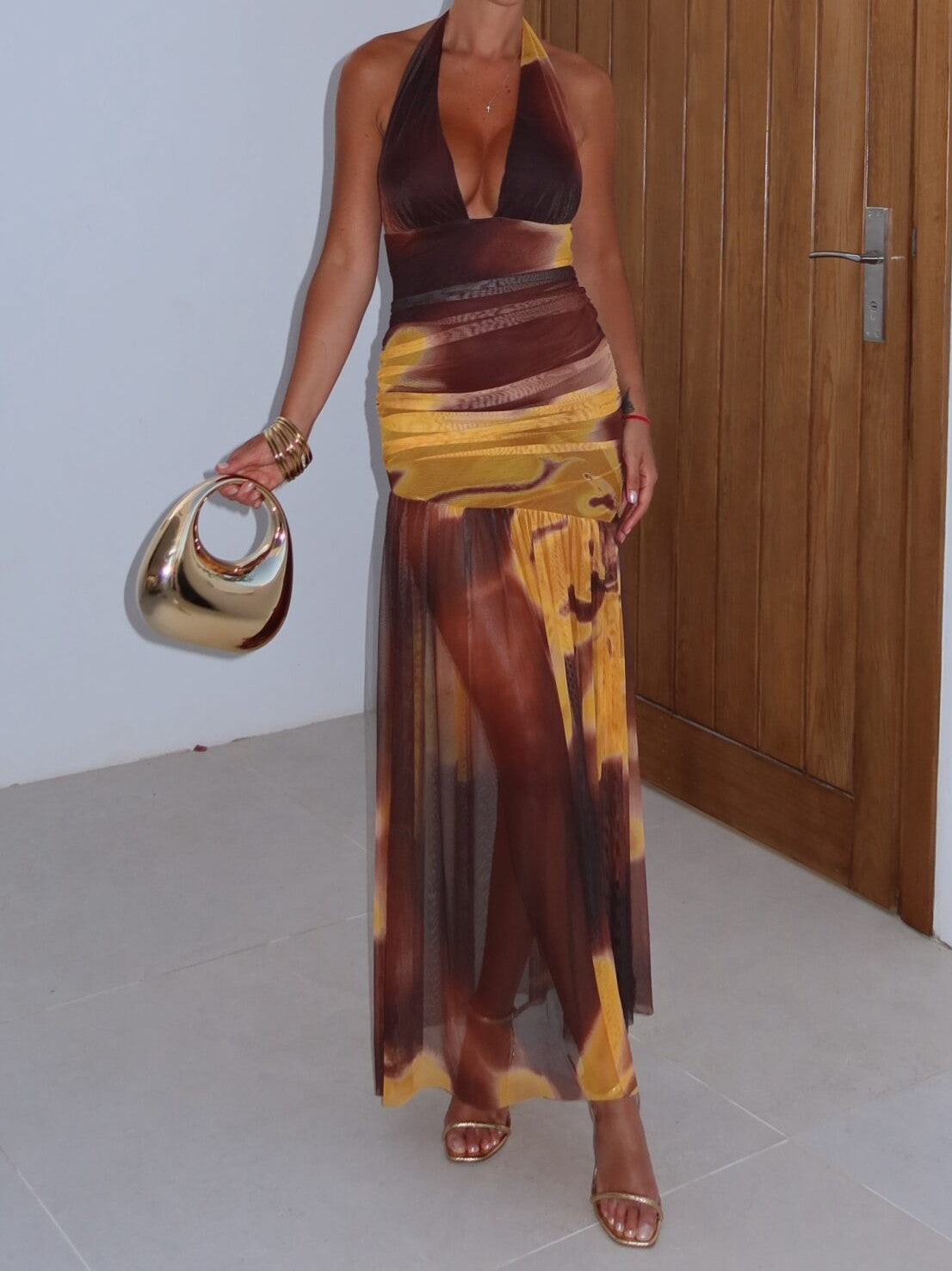 Brown Abstract Halter Maxi Dress