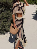 Black And Beige Crochet Open-Back Maxi Dress