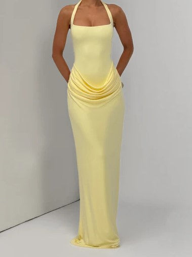 Yellow Draped Halter Maxi Dress