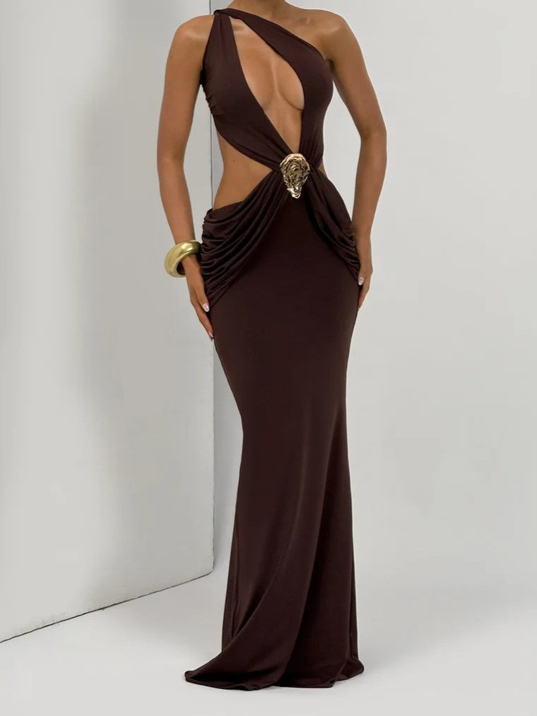 Brown Cutout One-Shoulder Maxi Dress