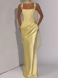 Yellow Beaded Scarf Halter Maxi Dress