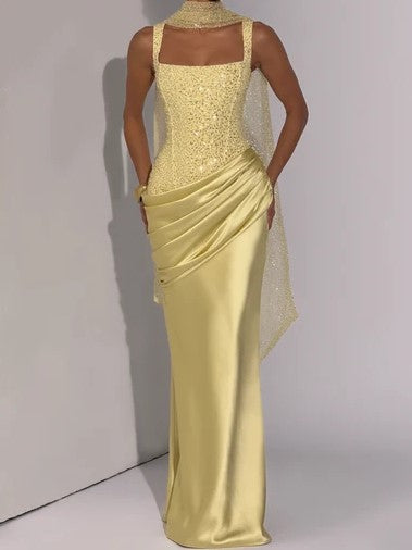 Yellow Beaded Scarf Halter Maxi Dress