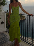 Lime Green Sequin Floral Tiered Ruffle Maxi Dress