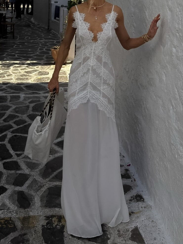 White Lace Bodice Flowy Maxi Dress