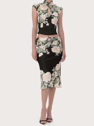 Black Floral Mandarin Collar Two-Piece Set