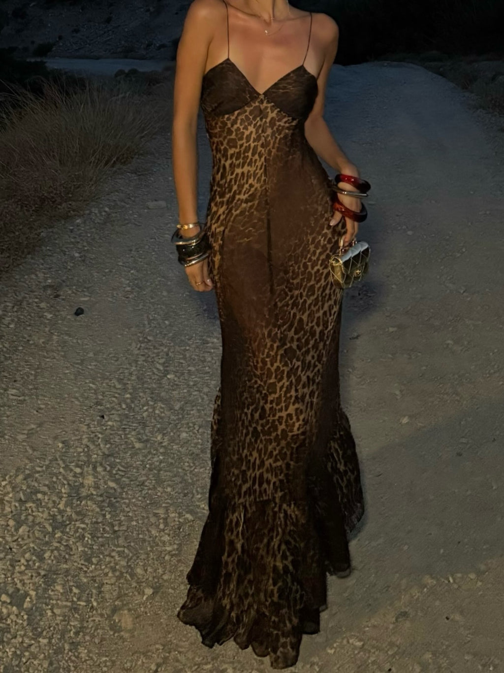 Brown Leopard Print Mermaid Maxi Dress