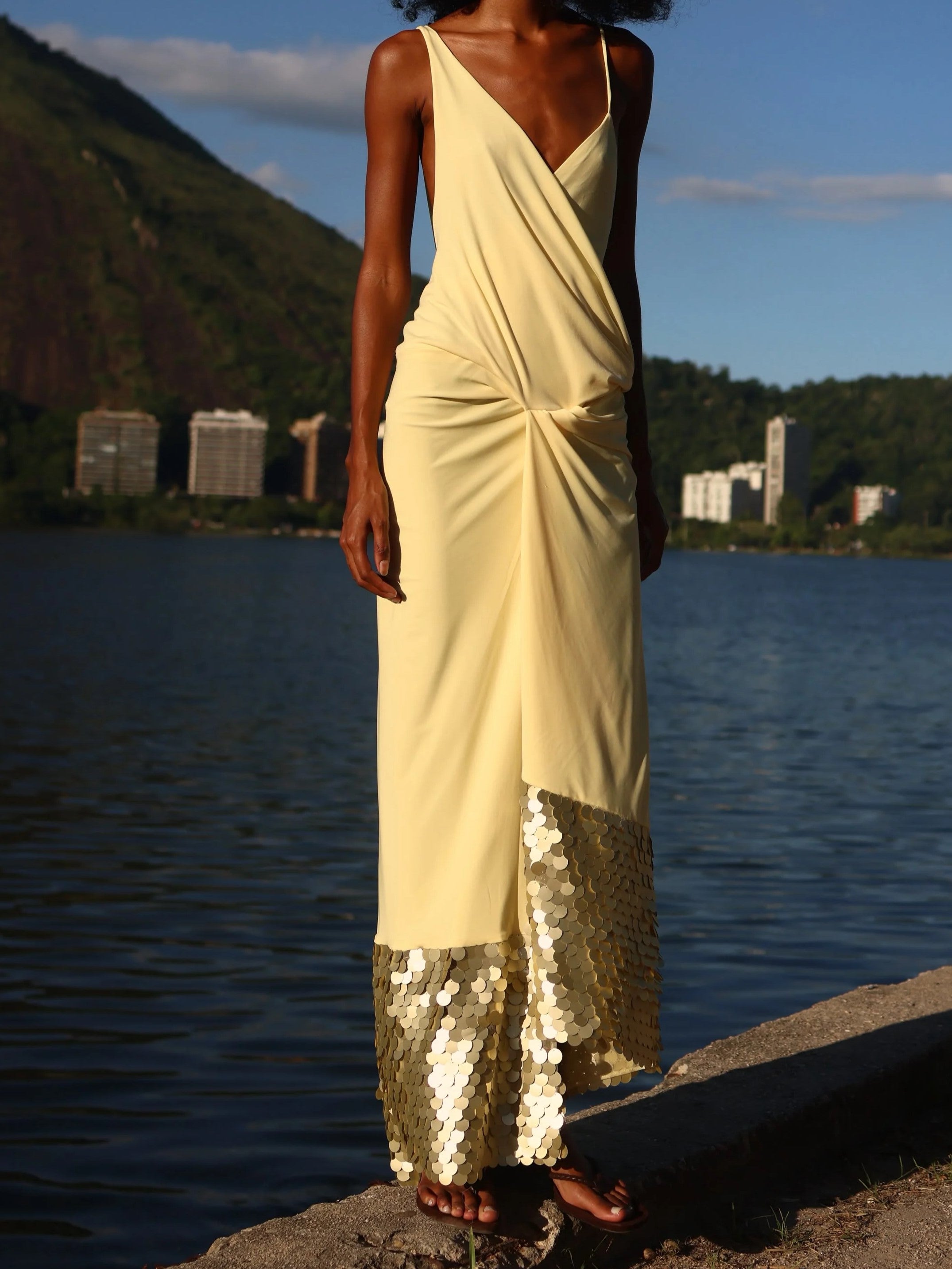 Yellow Sequin Hem Draped Maxi Dress