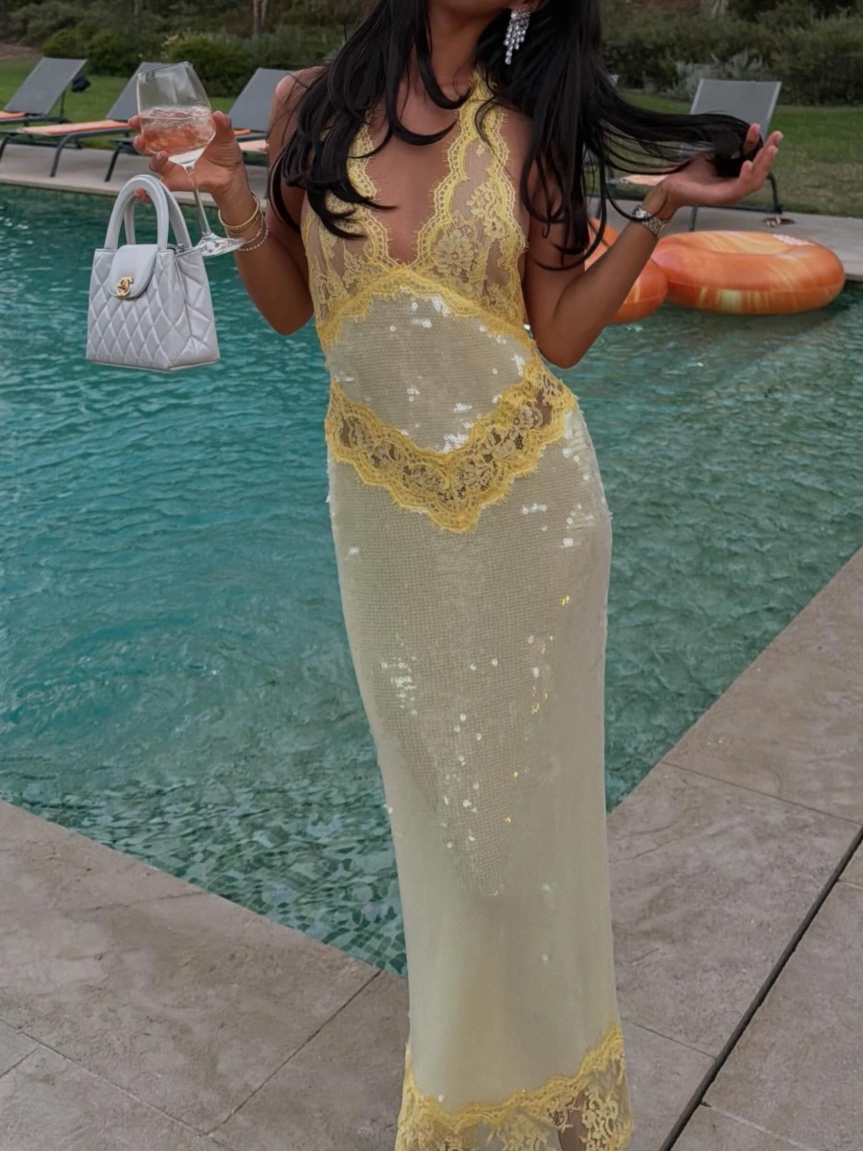 Yellow Lace Trim Sequin Maxi Dress