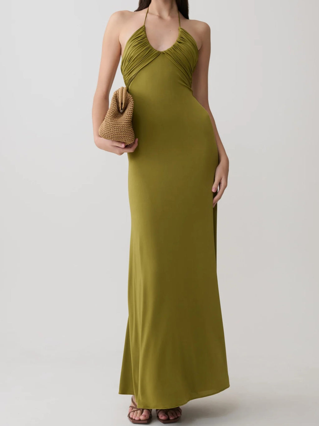 Olive Green Halter Ruched Maxi Dress