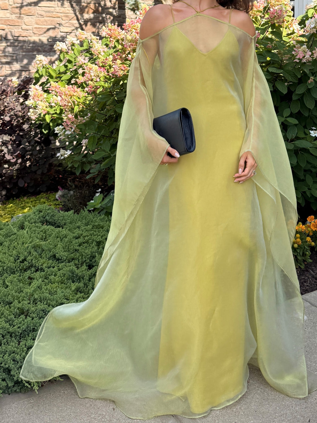 Sheer Chartreuse Cold-Shoulder Cape Maxi Dress
