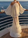 White Off-Shoulder Sheer Balloon Sleeve Maxi Dress
