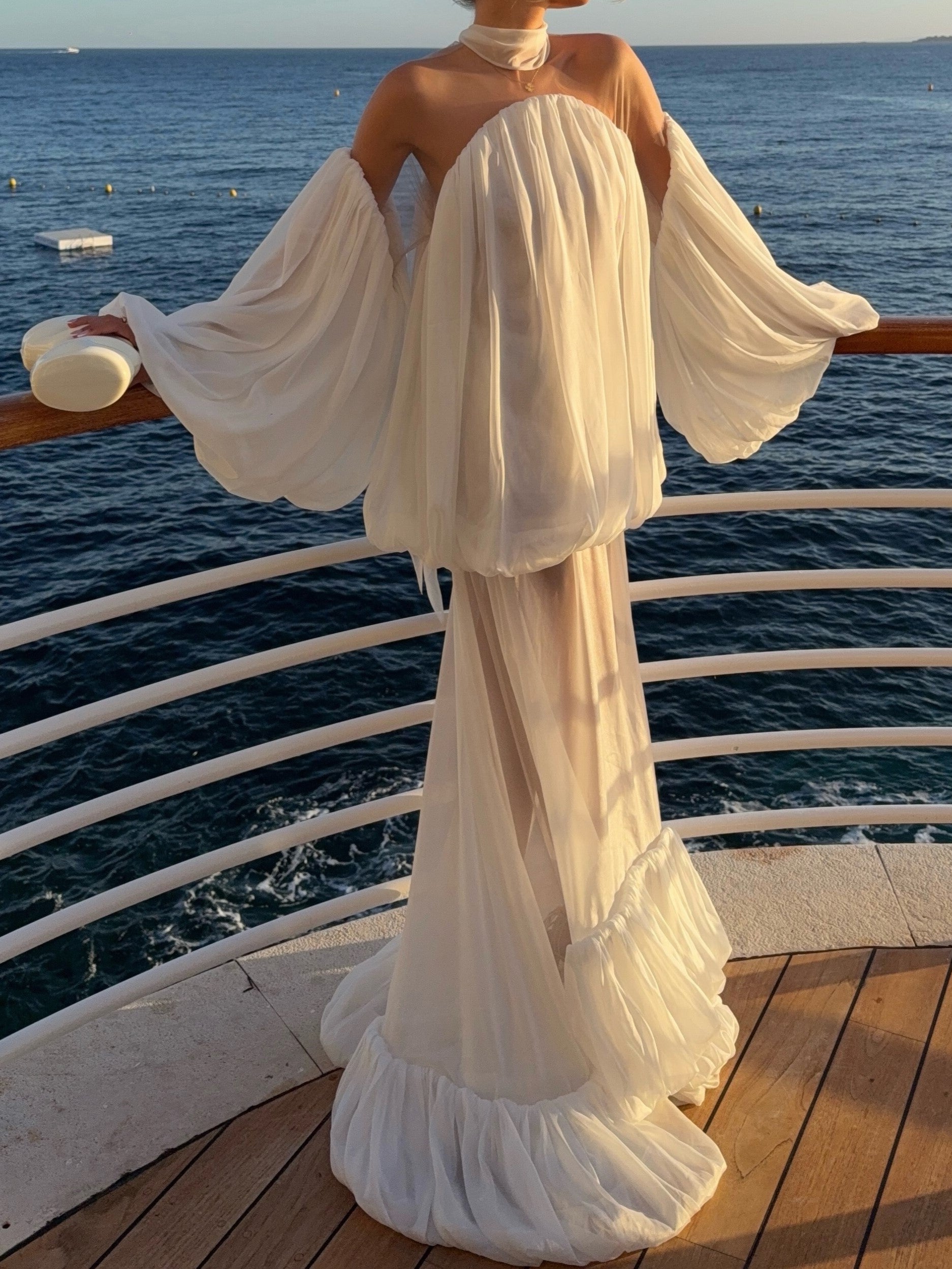 White Off-Shoulder Sheer Balloon Sleeve Maxi Dress