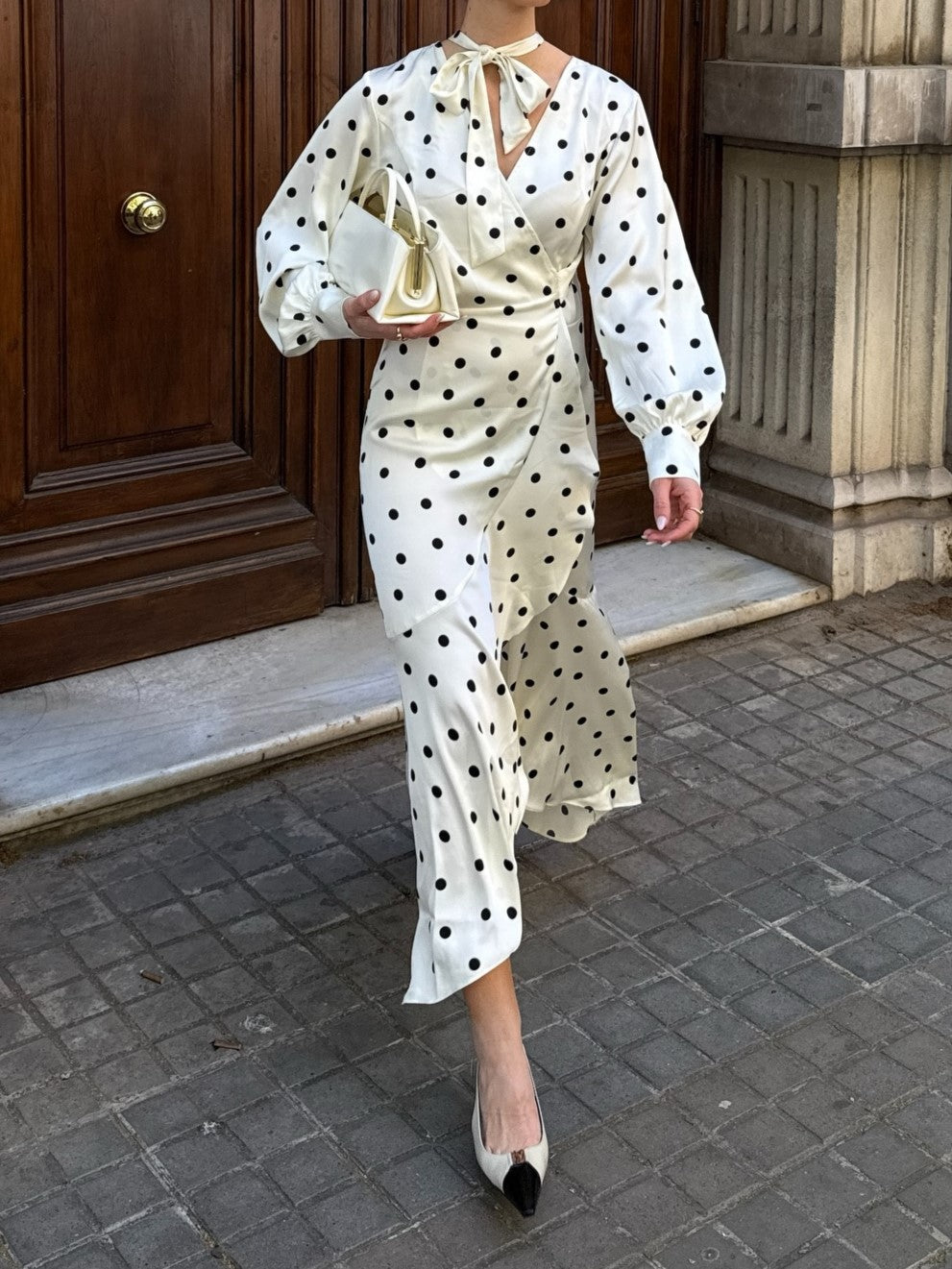 Cream Polka Dot Pussy-Bow Midi Dress